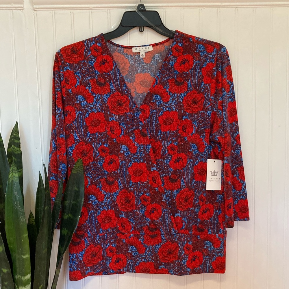 NWT 3/4 SLV BELLE FLEUR WRAP TOP CHAUS New York